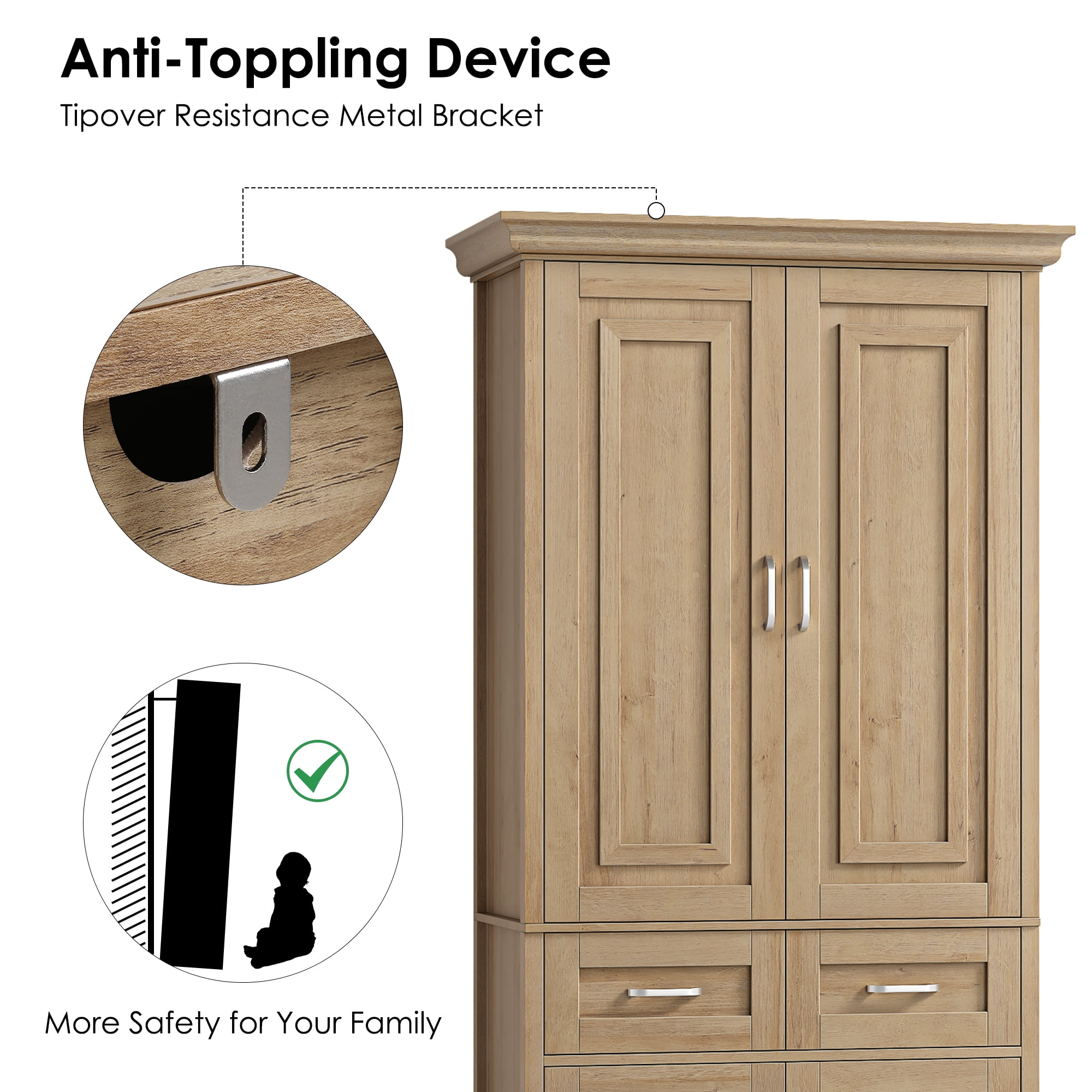 Homfa 70.9'' Tall Kitchen Pantry with 4 Doors, 2 Drawer Modern Freestanding Storage Cabinet for Dining Room Living Room, Nature Wood