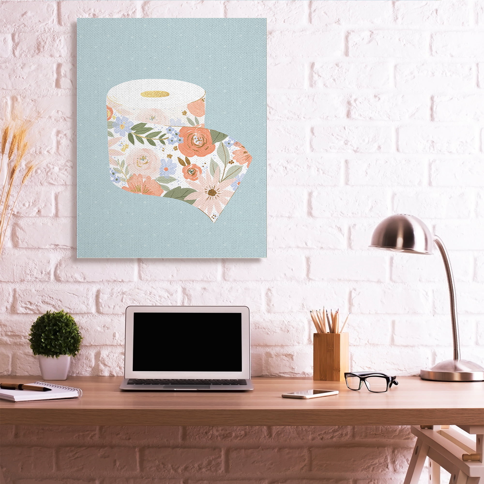 Stupell Industries Spring Floral Print Toilet Paper over Blue Botanical & Floral Painting Gallery Wrapped Canvas Art Print Wall Art, 36 x 48