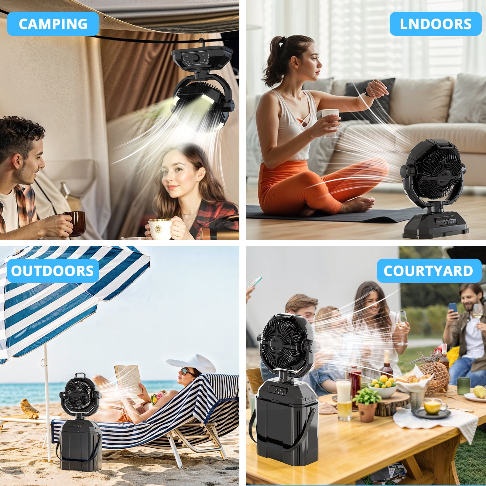 Outdoor Misting Fan Rechargeable with Remote & LED Light,20000mAh Cordless Battery Powered Camping Fan with 9L Water Tank & LED Lantern for Indoor, Tent, Travel, BBQ, Fishing, Jobsite