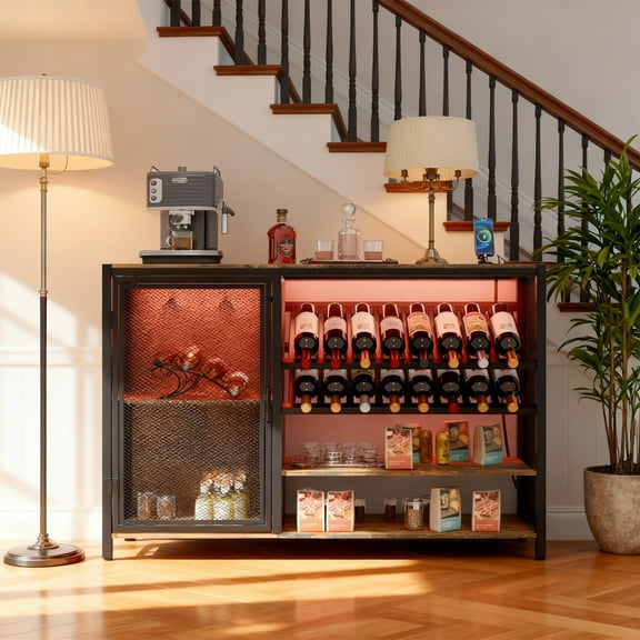 Zcargel Wooden Wine Cabinet with Power Outlets (2AC 2USB) & RGB LED Lights Mesh Door Liquor Display Cabinet for Kitchen/Dining Room/Bar Brown