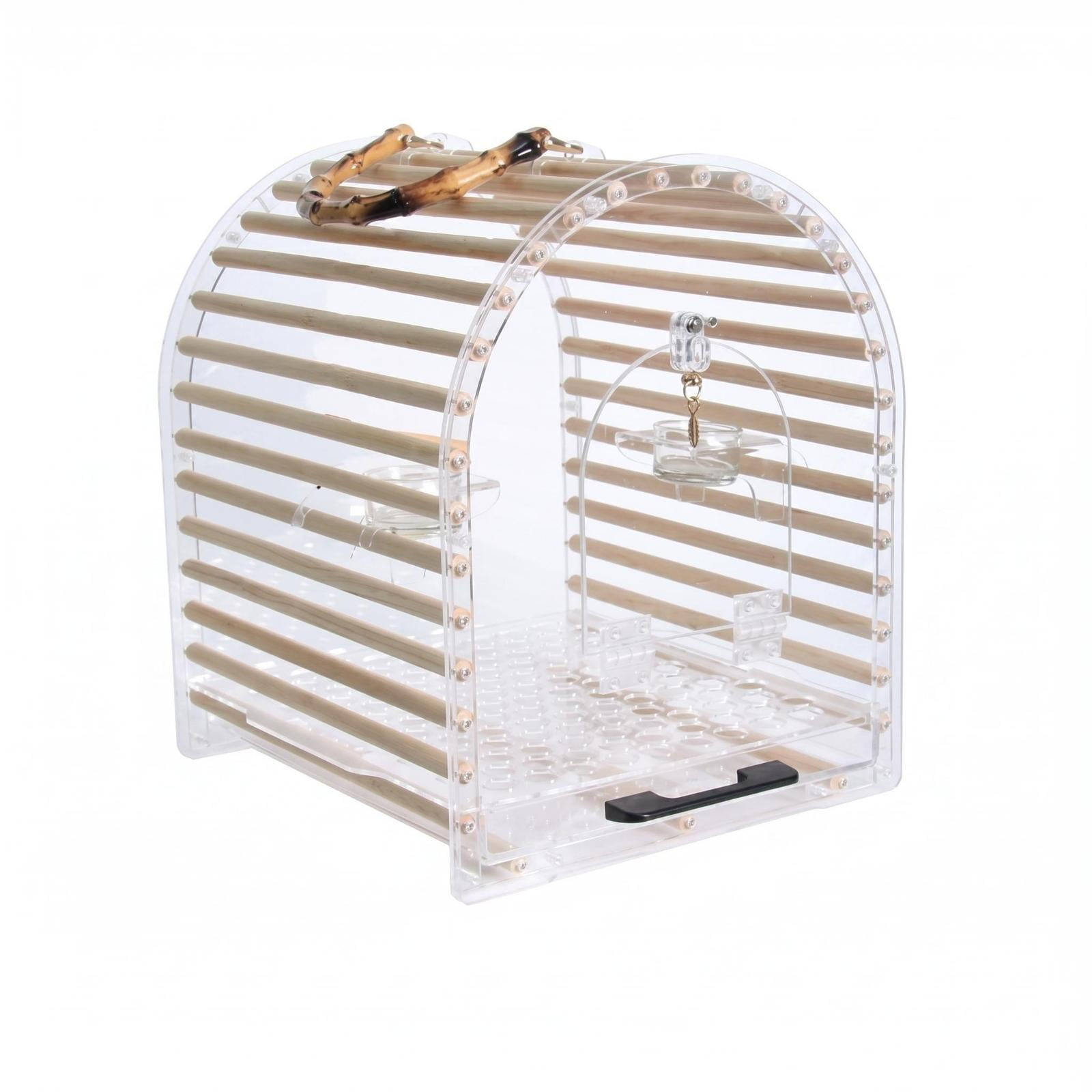 Bothyi Pet Bird Transport Cage Bamboo Handle Acrylic Bird Carrier Wood Slats Pet Medium Dome Top