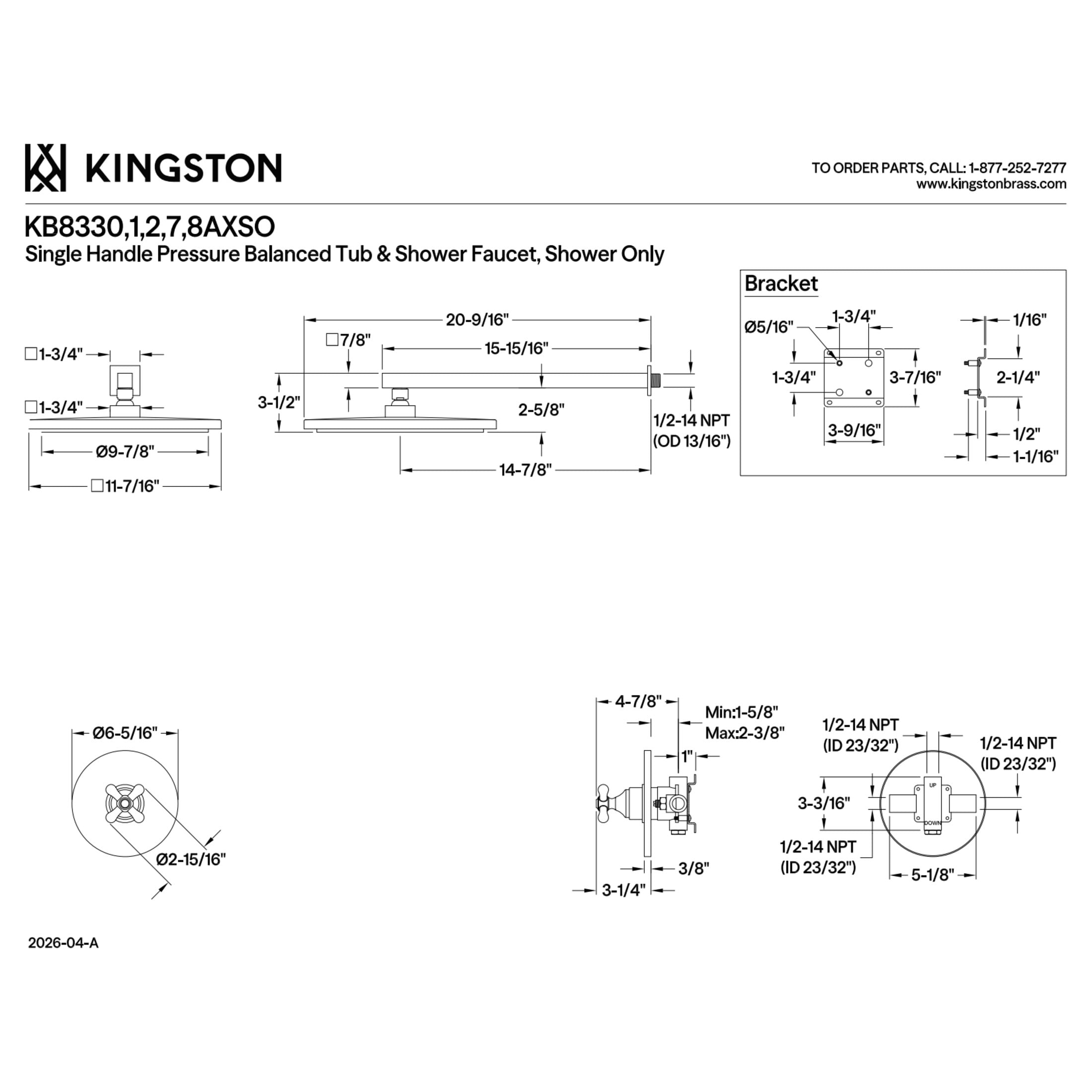 Kingston Brass KB8331AXSO Restoration Single-Handle Pressure Balanced Shower Faucet, Polished Chrome