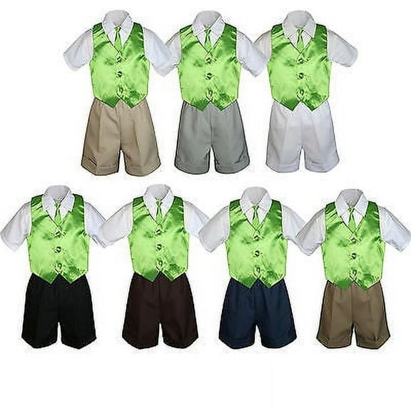 4pc Set Boy Toddler Formal Lime Vest and Necktie Black Navy Khaki Shorts S-4T