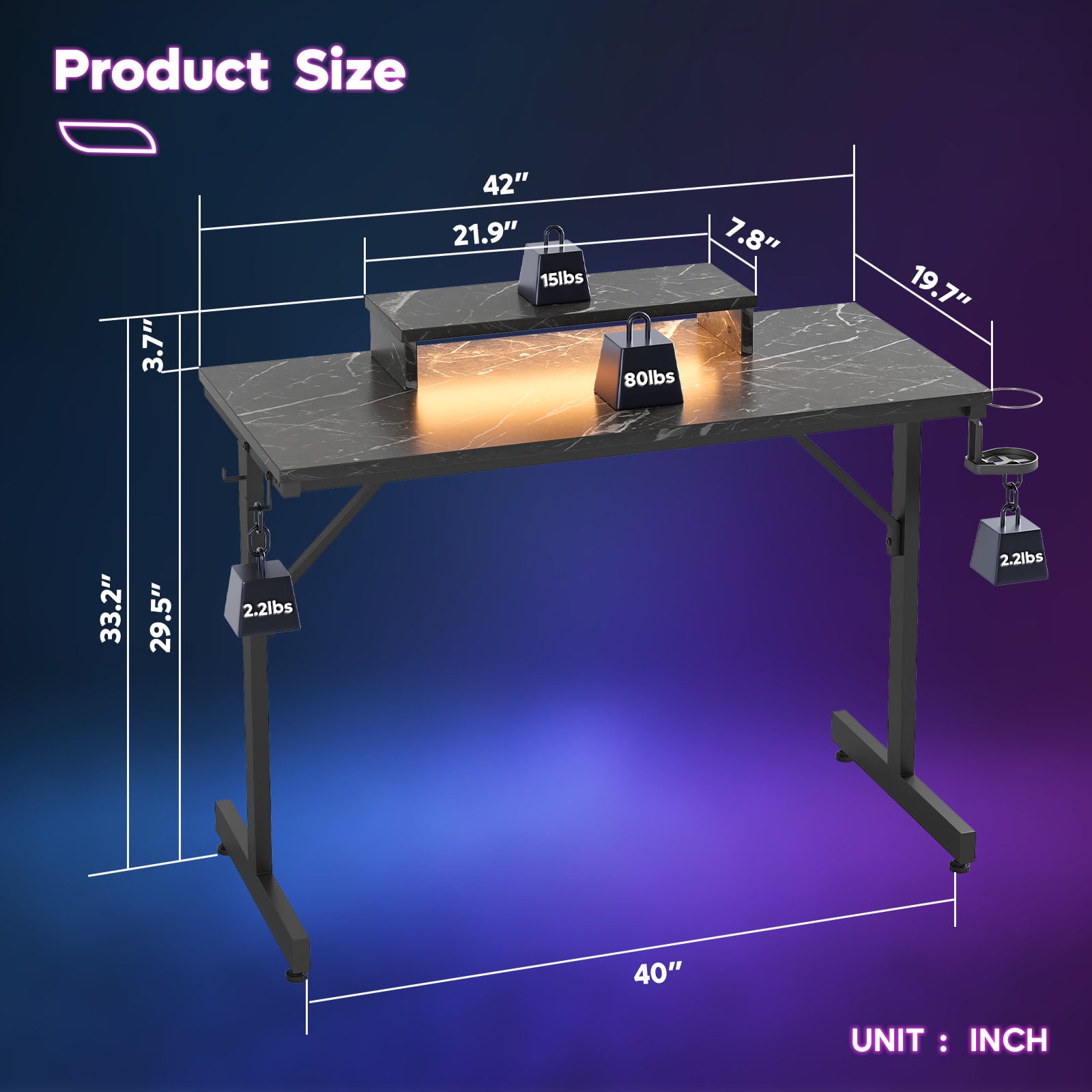 Bestier 42" LED Gaming Desk PC Computer Office Gamer Table Desk with Monitor Stand in Black Marble