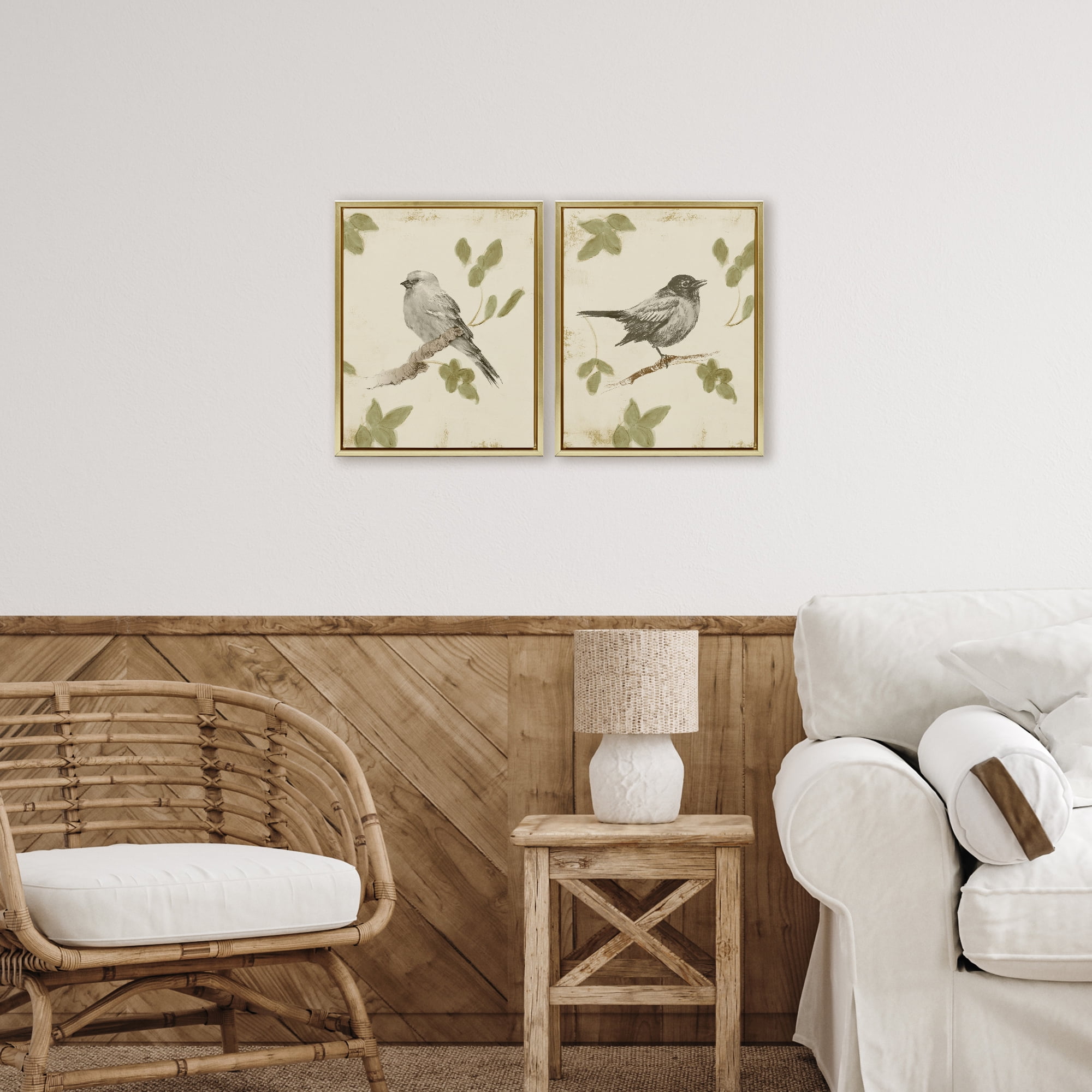 Stupell Industries Neutral Bird Scene 2 Piece Gold Framed Floater Canvas Set, design by Lanie Loreth