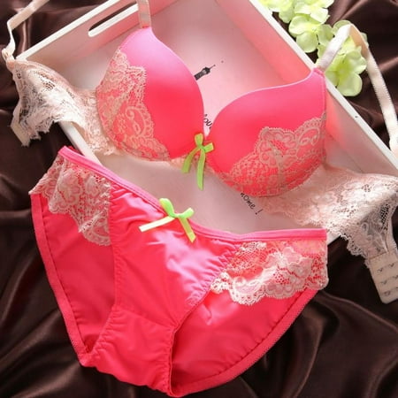 

Sexy Lace Top Bow Beauty Strap Padded Bottom Braletta Floral Adjusted-Straps Underwire Women Brief Sets 3/4 Cup Nylon Lingerie Fuchsia 34B