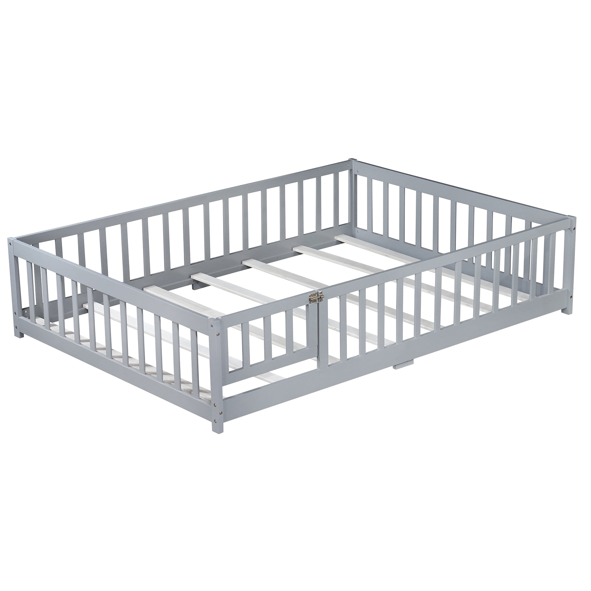 Alvantor Full Size Floor Bed for Toddler, Solid Wood Floor Bed with Door and Fence Guardrail, Montessori Floor Bed for Boys, Girls, Gray