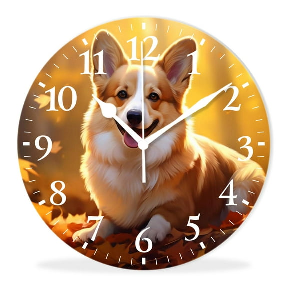 Modern Wall Clocks Decorative Non-Ticking Silent Quartz Movement Battery Operated Analog Clocks Decorative for Home-Dog Corgi in A Beautiful Autumn Forest White(10inch)