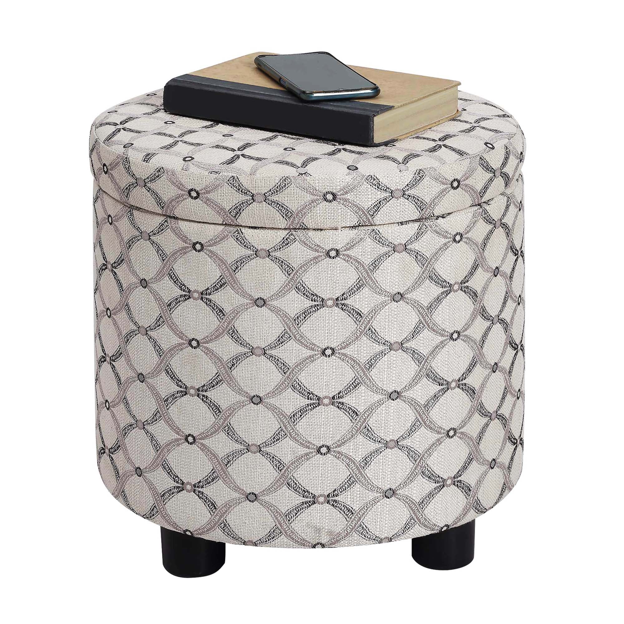 Convenience Concepts Designs4Comfort Round Accent Storage Ottoman with Reversible Tray Lid, Ribbon Pattern Fabric