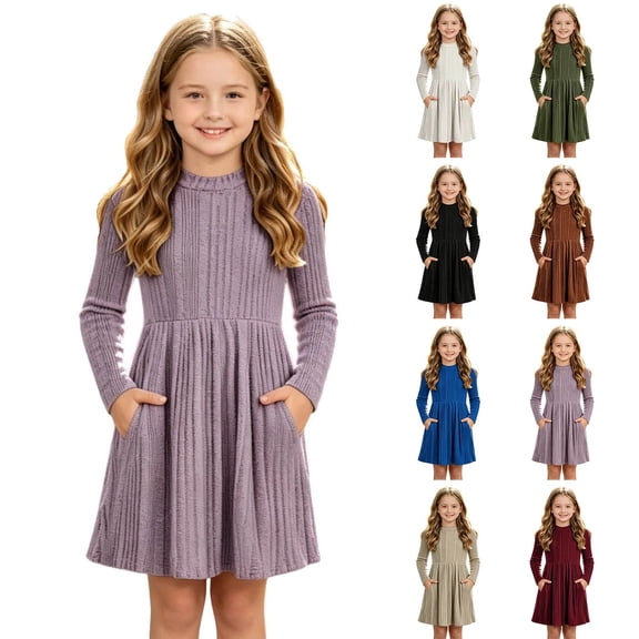 WGIZCVO Girls Long Sleeve Dresses Ribbed Knit Fall Winter Dress Crew Neck Casual A Line Dress with Pocket