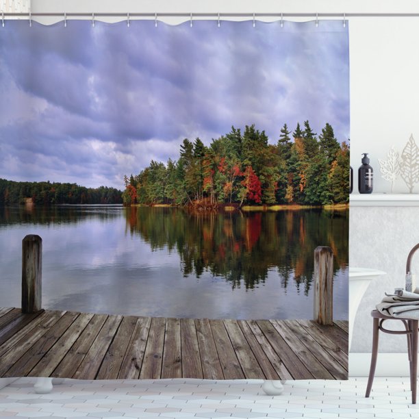 Lake Shower Curtain, Wooden Dock and Island Ablaze in Fall Splendor Ludington State Park in