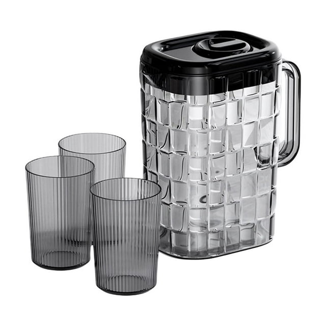 Ensemble Complet Noir de Pichet d'Eau 2 L avec 3 Tasses Assorties, Conception Étanche pour le Rangement au Réfrigérateur, Service de Boissons #0F5P0