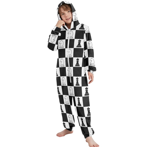 JOOGOO Chess on Checkered Pattern Unisex Onesie Pajamas Jumpsuit Kids One-Piece Hooded Sleepwear 7-8T