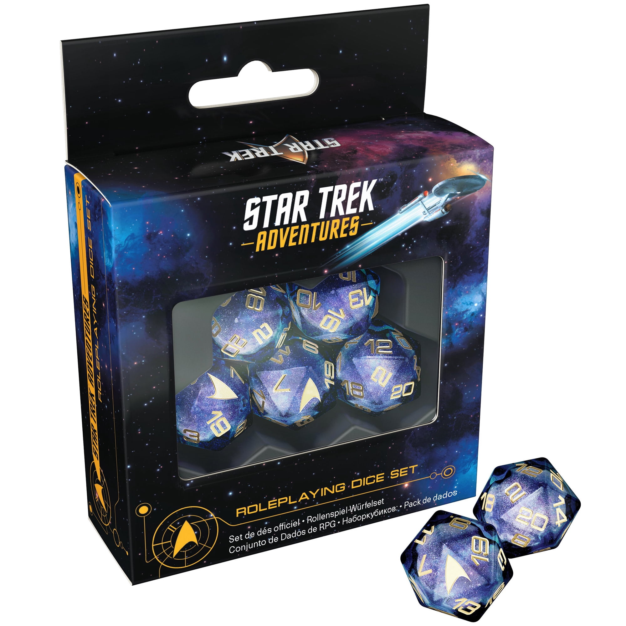 Star Trek Adventures: Second Edition - Roleplaying Dice Set - 5pc d20 RPG Die, Blue Black Starfield Galaxy, Gold Numbers-Icons, Collectible Accessory
