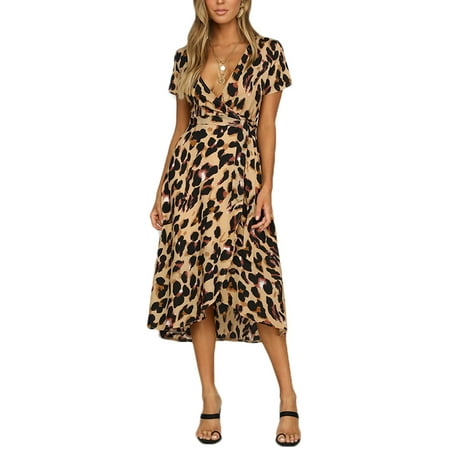 Women Sexy Leopard Print Dress High Waist Deep V Party Short Sleeve Dress