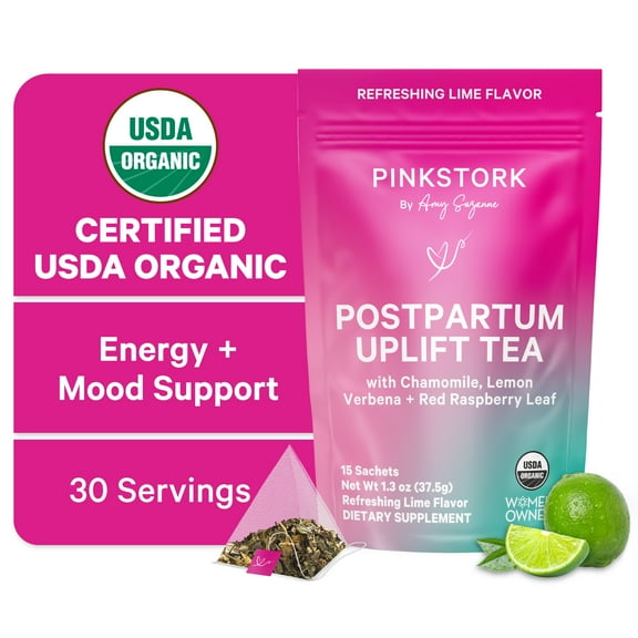 Pink Stork Postpartum Uplift Tea: Postpartum Recovery, Mood, Chamomile, Caffeine-Free, Lime, 30 Cups