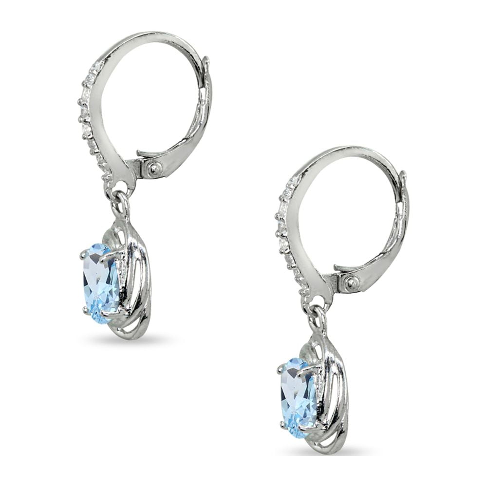 Blue Topaz & CZ 7x5mm Oval Love Knot Sterling Silver Leverback Dangle Earrings
