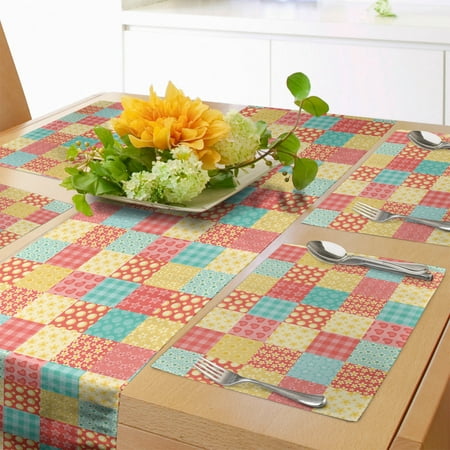 

Abstract Table Runner & Placemats Patchwork Style Ornamental Hearts Flowers Dots Stripes Kitchen Design Set for Dining Table Placemat 4 pcs + Runner 12 x72 Coral Yellow Mint Green by Ambesonne
