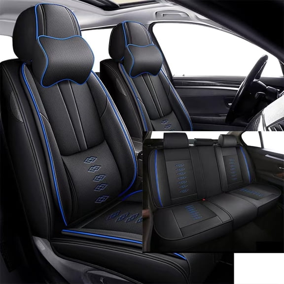 Soft Car Seat Covers for Ford 96% Models,Breathable Leather Seat Covers for Ford,Waterproof Anti-slip Car Seat Cushions for Full Seats(Black+Blue,Pillows)