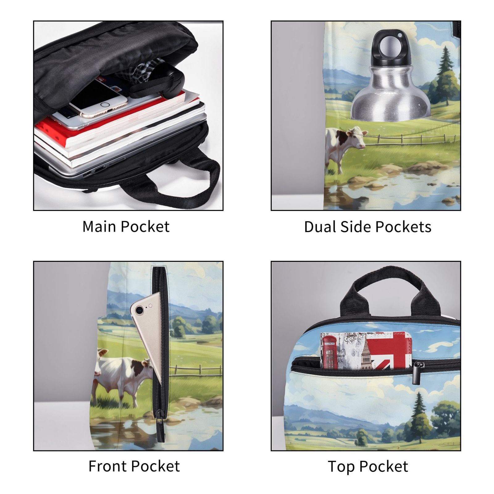 Xecao Pasture Cow print Backpack For women men Aesthetic Lightweight Travel Daypack Simple Cute Backpack For Bookbag