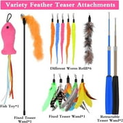 Qoosea Cat Feather Toys, 13PCS Replacement Teaser with Bell Refills and 2PCS Retractable Cat Wand Toy , Interactive Cat Wand for Kitten Cat Having Fun Playing