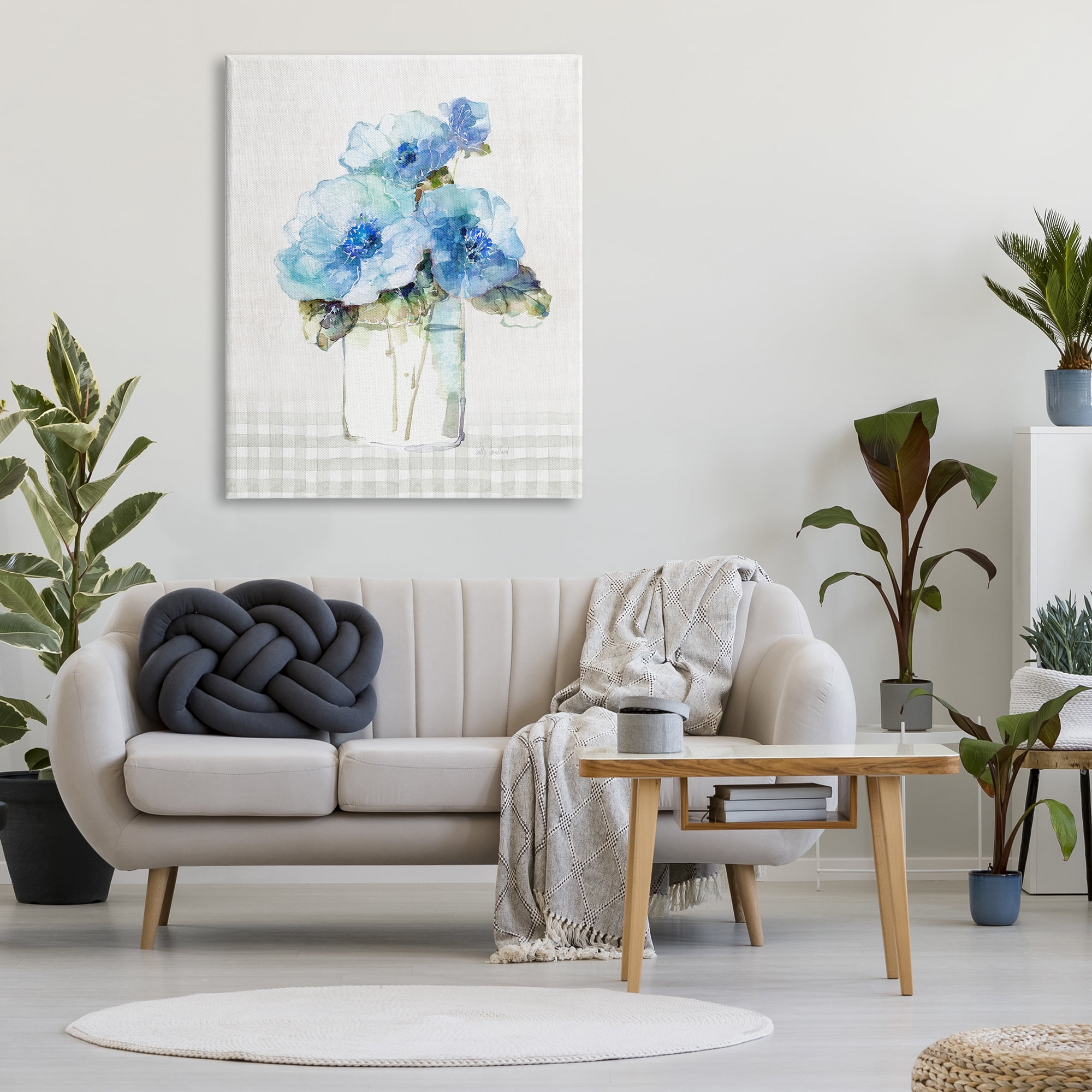 Stupell Industries Plaid Blue Flowers Botanical & Floral Painting Gallery Wrapped Canvas Art Print Wall Art, 36 x 48