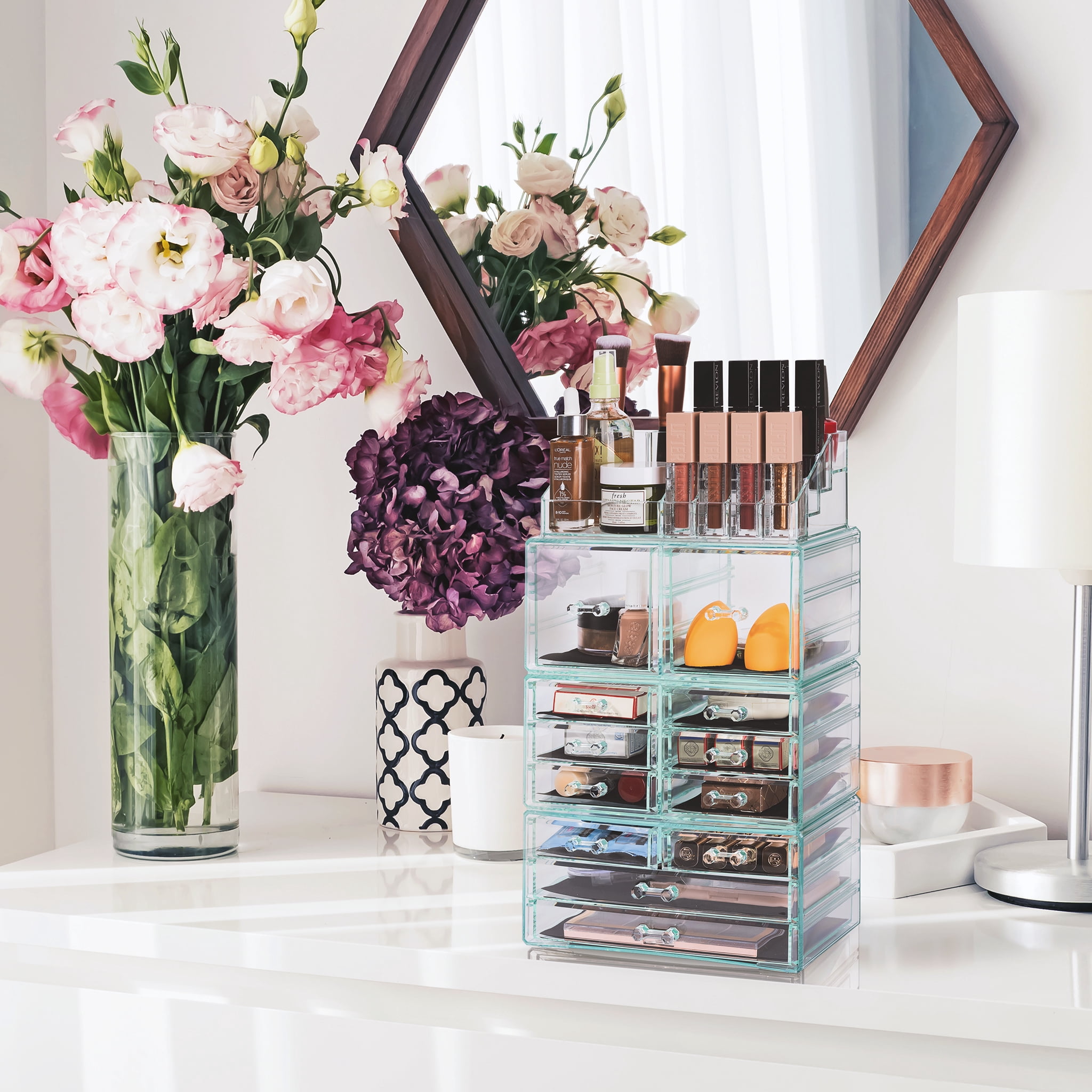 Sorbus Stackable Clear Teal Makeup Organizer, 4-Piece, 12 Drawers, 16 Lipstick Slots