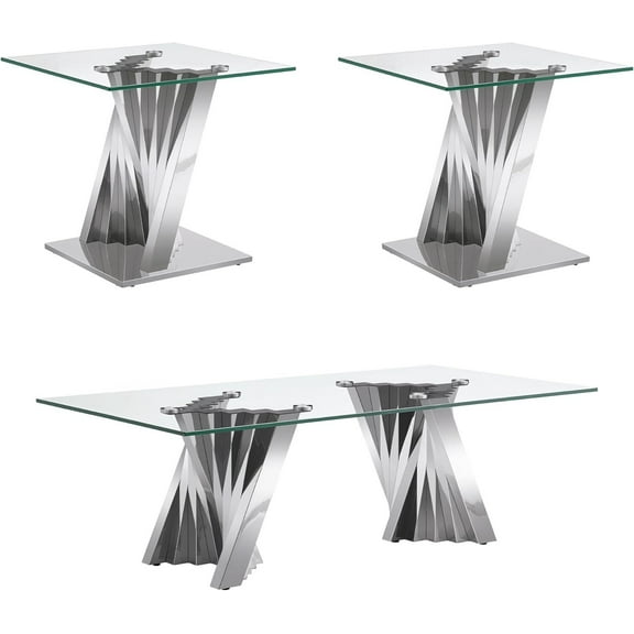 Modern 3-Piece Glass Coffee Table and End Table Set, High-Transparency Tempered Glass Top and Irregular Stainless Steel Double Base, Cocktail Table, for Living Rooms, Reception Areas