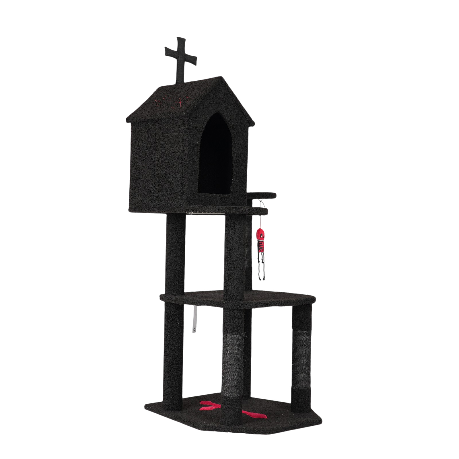 ZephyPaws 57" Gothic Cat Tower for Indoor Cats, Multi-Level Cat Tree with Large Condo, Scratching Posts, Cross Top Design, Hanging Toy & Plush Surfaces, Black and Red