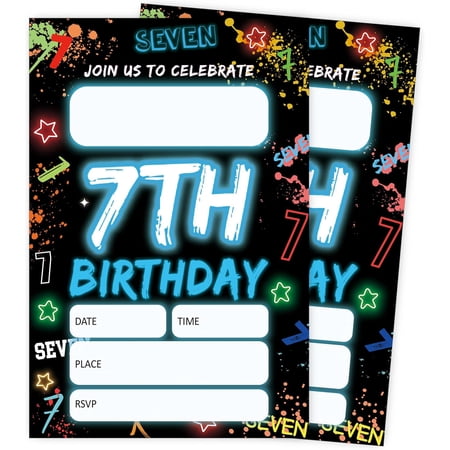 7th Birthday Party Invitations for Boys Girls, Blue Glitter Graffiti Party Invitations, 20 Double-Sided Invite Cards with Envelopes, 7th Birthday Supplies Decorations, 4x6 Inch-A09