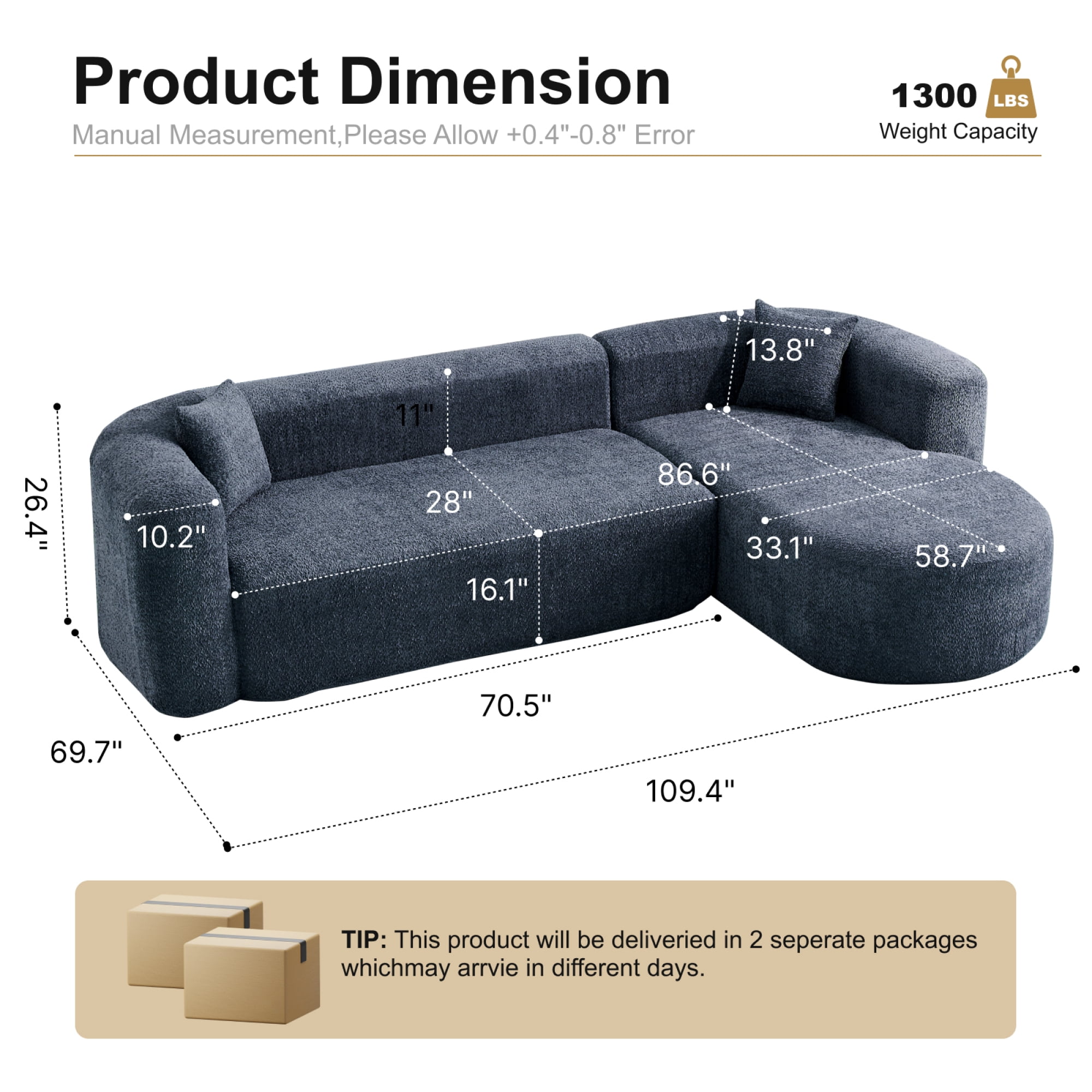 Leumius 109.4" Sectional Couch with L-Shaped Chaise, Boneless Modular Sectional Sofa for Living Room, Bedroom(Right- Blue)