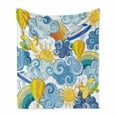thumbnail image 1 of Sky Soft Flannel Fleece Blanket, Childrens Theme Clouds Smiling Sun Airplanes and Balloons Illustration Print, Cozy Plush for Indoor and Outdoor Use, 50" x 60", Yellow and Pale Blue, by Ambesonne, 1 of 6