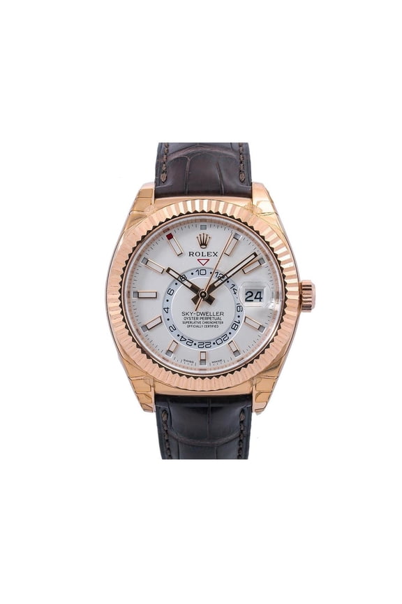 Pre-Owned Rolex Sky-Dweller 42MM 326135 White Dial Fluted Bezel Brown Leather Strap