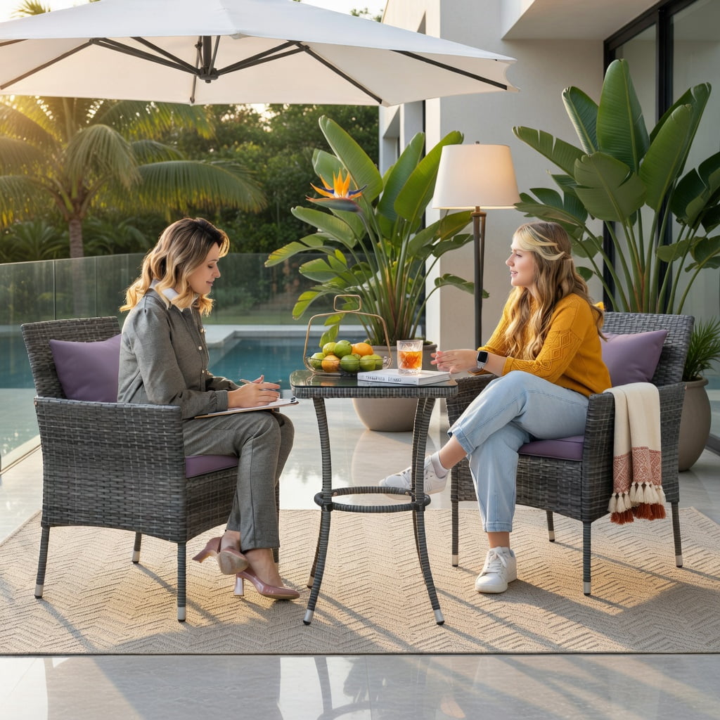 Hommoo 3-Piece Outdoor Patio Furniture Set, PE Rattan Chairs with Cushions & Tempered Glass Coffee Table for Backyard, Porch, Garden, Gray