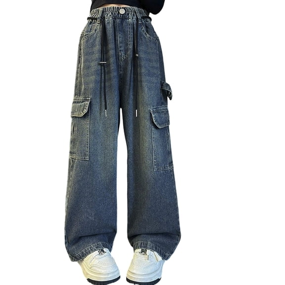 YUEHUA girls jeans size 16, Girls Casual Denim Pants With Rhinestone Bow Autumn Loose Fit Flared Straight Leg Trousers For Big Kids