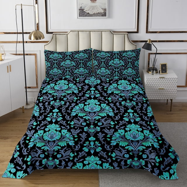 Erosebridal Ensemble de Couvre-Lit Damas Taille Simple, Courtepointe Noire et Turquoise, Ultra Douce 2 Pcs