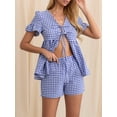 thumbnail image 5 of Raccmtaty Women's Summer Plaid Outfits Ruffled Short Sleeve Tie-Up Front Peplum Tops with Elastic Waist Shorts Set Streetwear, 5 of 8