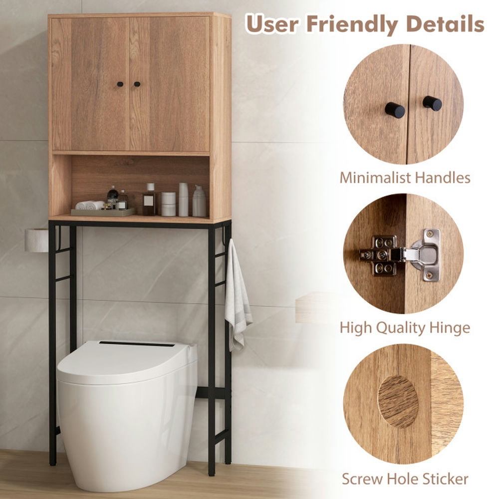 Finihen Toilet Storage Cabinet, Storage Shelf, Over The Toilet Storage Cabinet with 2 Doors and Adjustable Shelf, for Bathroom, Natural
