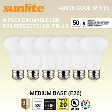 Sunlite LED 90 CRI R20 Recessed Light Bulb, 8 Watts (50W Equivalent), Medium E26 Base, Dimmable,UL Listed, 4000K Cool White, 6-Pack