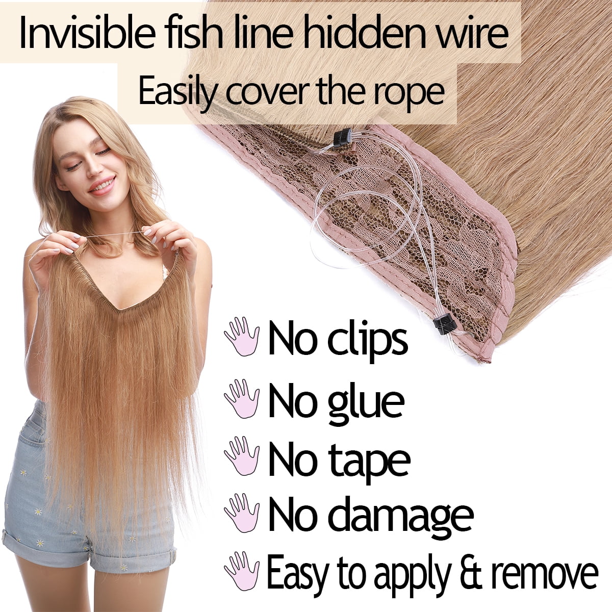 HAIRRO Wire Hair Extensions 100% Real Human Hair Straight Hair Extensions Invisible Wire Fish Line Hair Extensions Ash Brown and Bleach Blonde 20inch 110g Straight Hair Extensions For Women