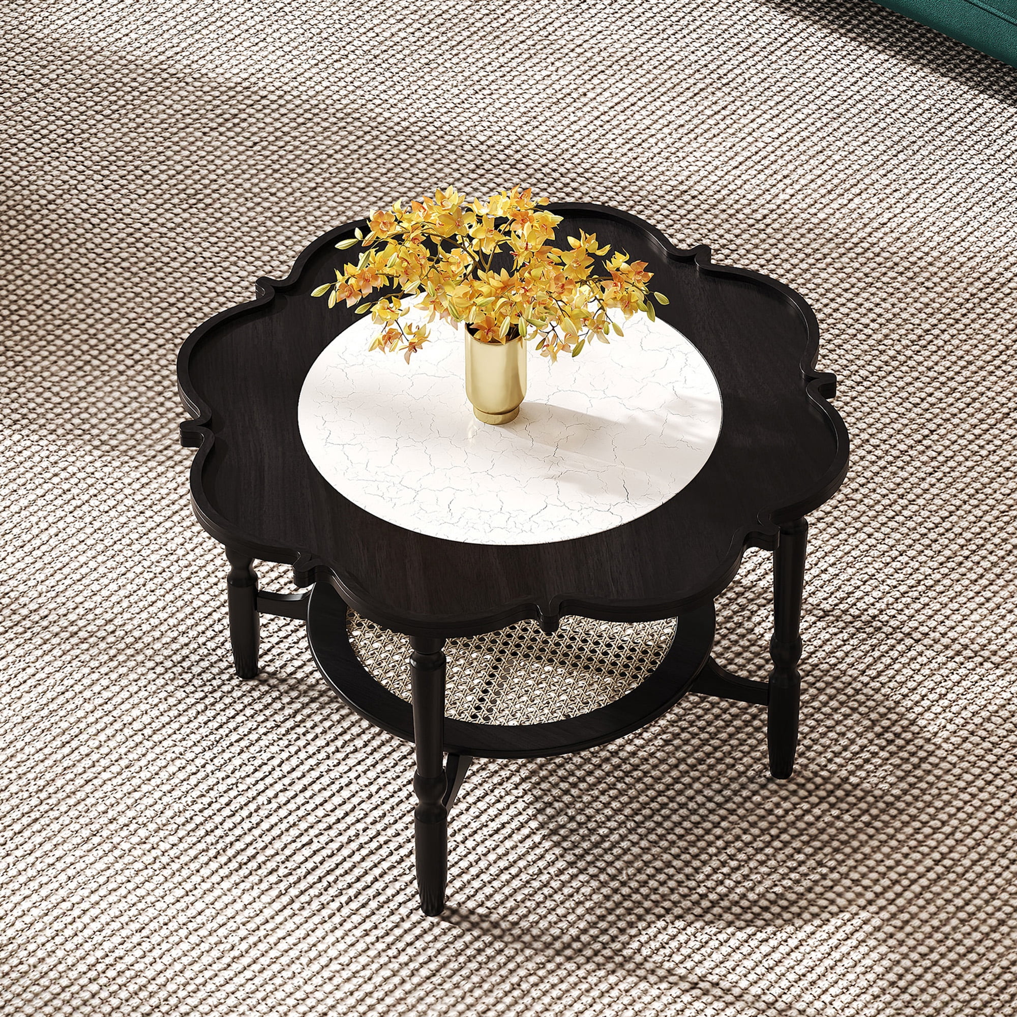 Mid-Century Style Coffee Table with Petal Shape and White Crackle Pattern Glass, 2-Tiered Coffee Table with Rattan, Black, 31.5"