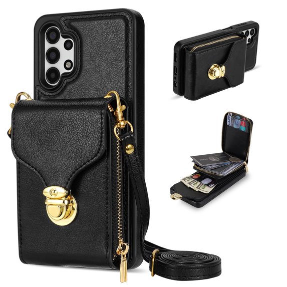 Nalacover Wallet Case for Samsung Galaxy A13 4G,with Removable Adjustable Shoulder Strap,PU Leather Back Zipper Pocket Card Holder Stand Purse Shockproof Phone Case for Women Men,Black