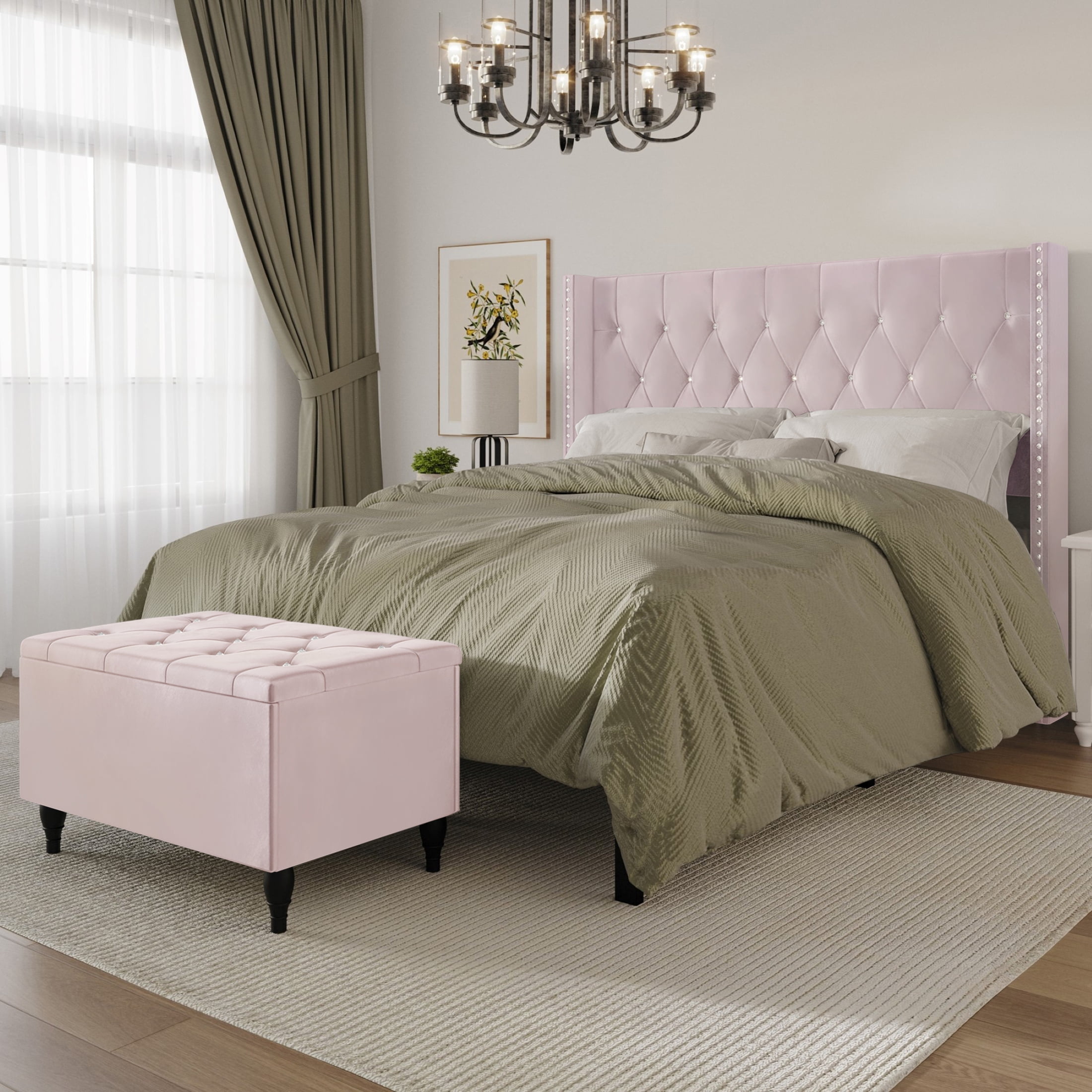Castle Place Button Tufted Wingback Velvet Upholstered Bed with Storage Bench, Light Pink, Full