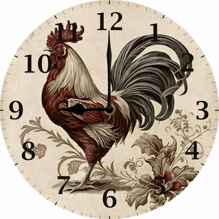 Eveokoki 10Inch Wooden Clocks Art Hanging Clocks Silent Non-Ticking Wall Clock Battery Operated Round Home Rooster With A Red Tail Style Arabic Numeral Vintage Decorative Wall Clocks