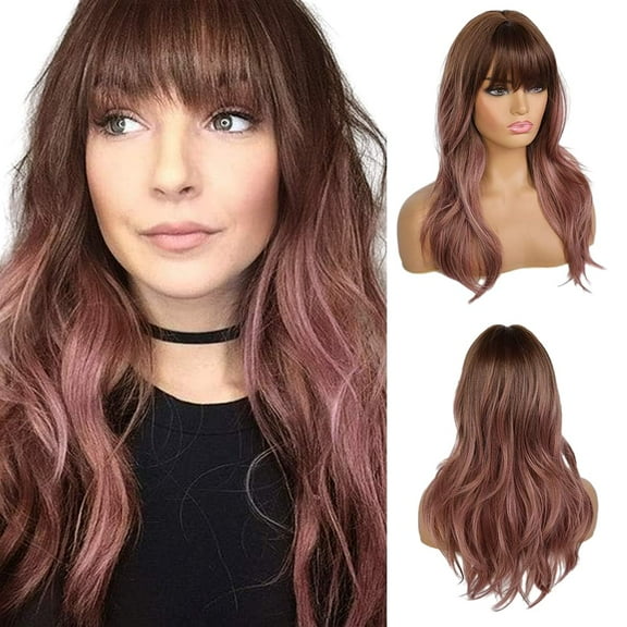 EMMOR Orange Brown Long Wigs for Women, Natural Wavy wig with Bangs Heat Resistant Fiber Synthetic Wigs for Daily Party(Strawberry blonde)