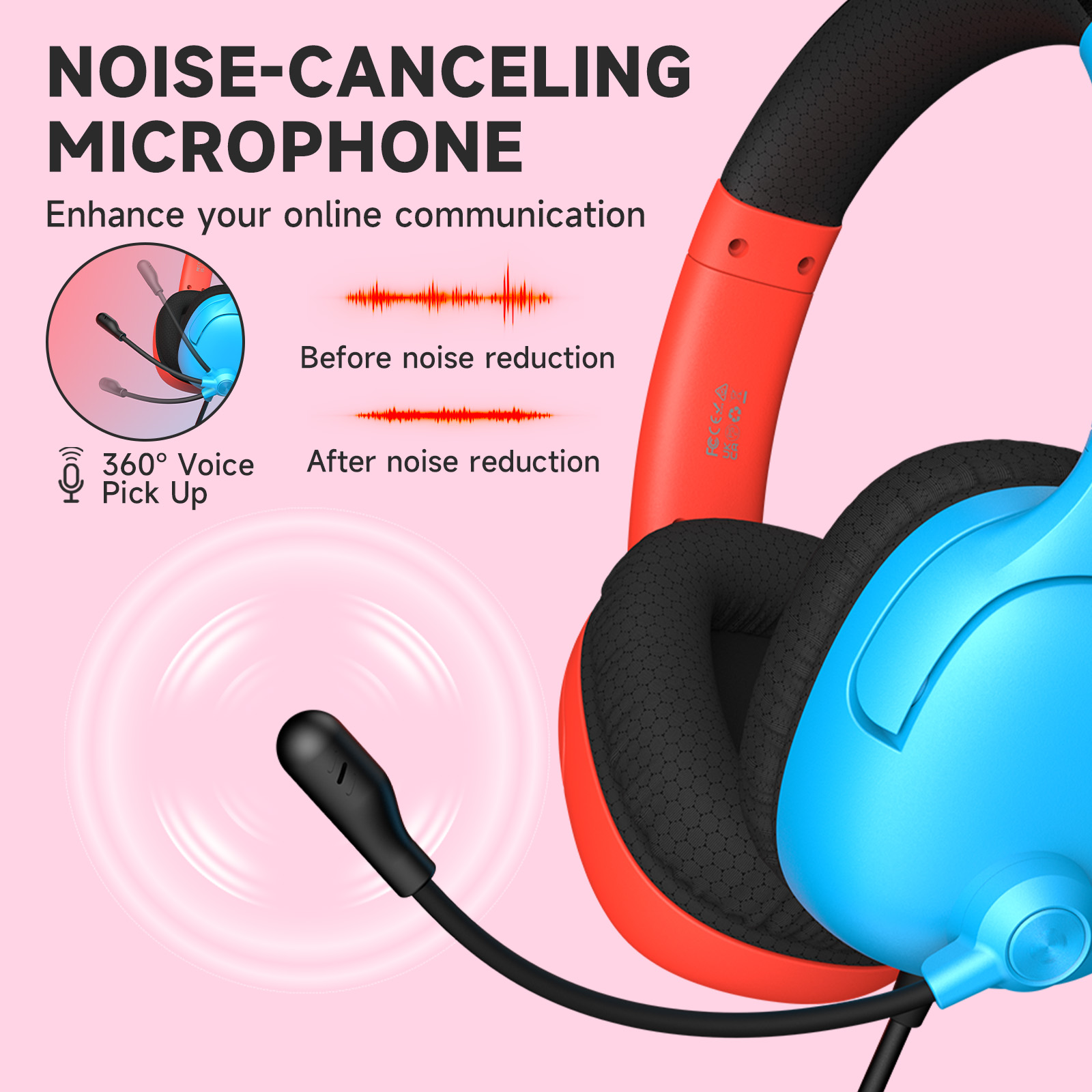 Fonhaid Gaming Headset with Noise-Canceling Mic, Red & Blue photo 5