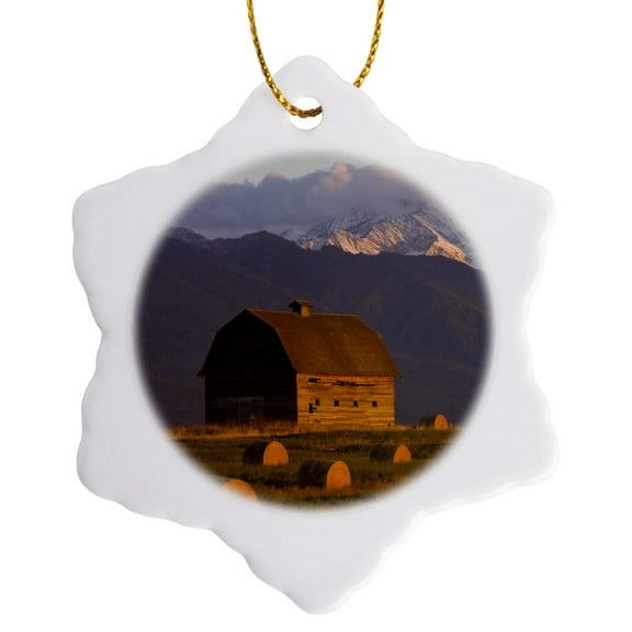 3drose, Old Barn, Hay Bales, Mission Mountain Range, Montana - Us27 Cha1117 - Chuck Haney, 3 inch Snowflake Porcelain Ornament