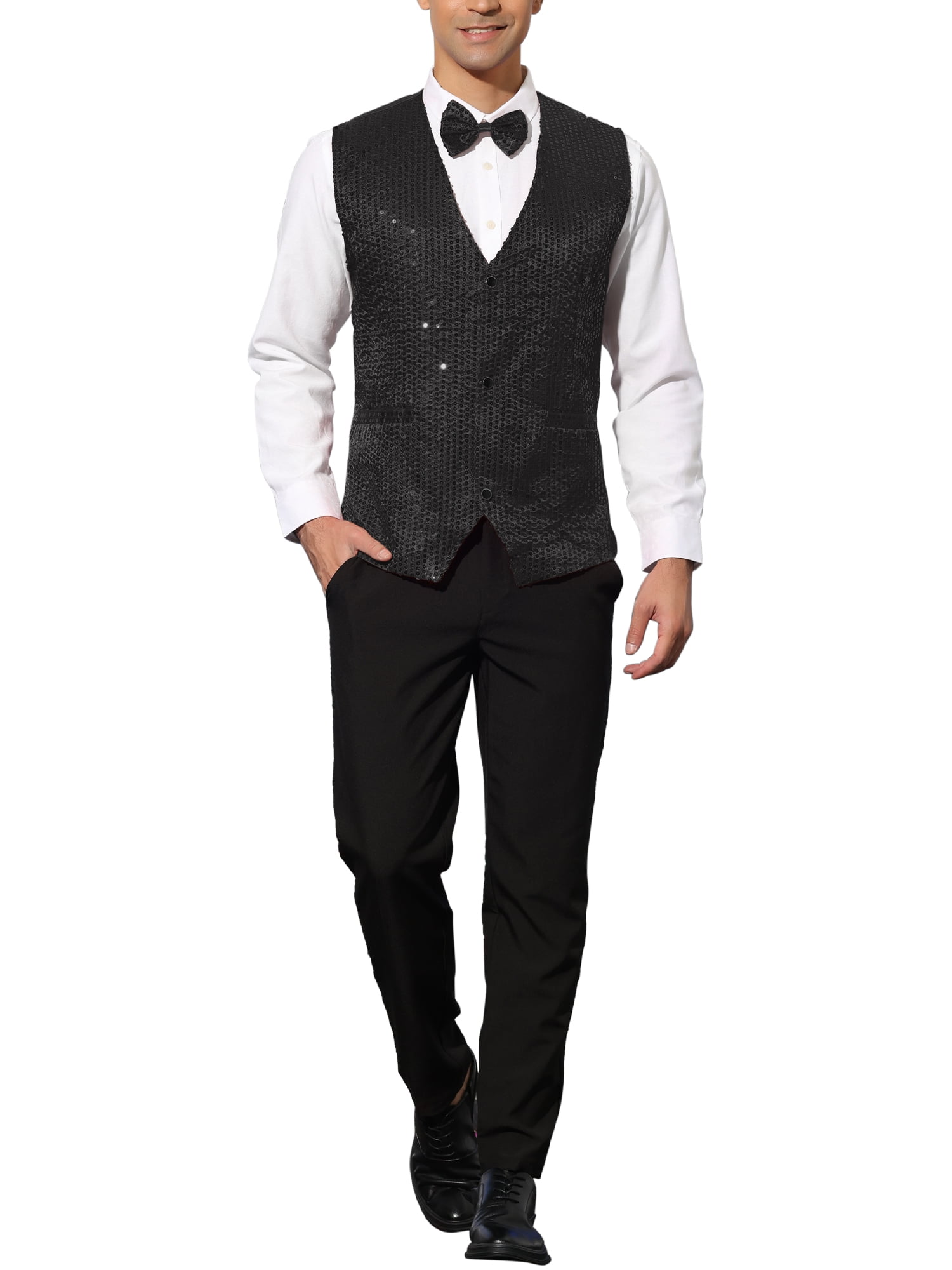 Unique Bargains Men's Sequin Waistcoat Sleeveless Dress Suit Vest with Bow Tie L Black