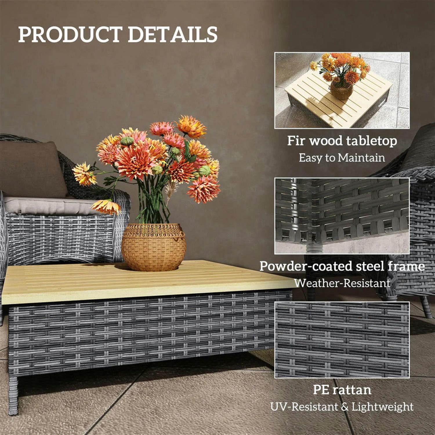 Demi Bonn 27" Rattan Side Table with Natural Fir Wood Top End Table, Weatherproof Outdoor Accent Table for Patio, Deck, Poolside, Gray