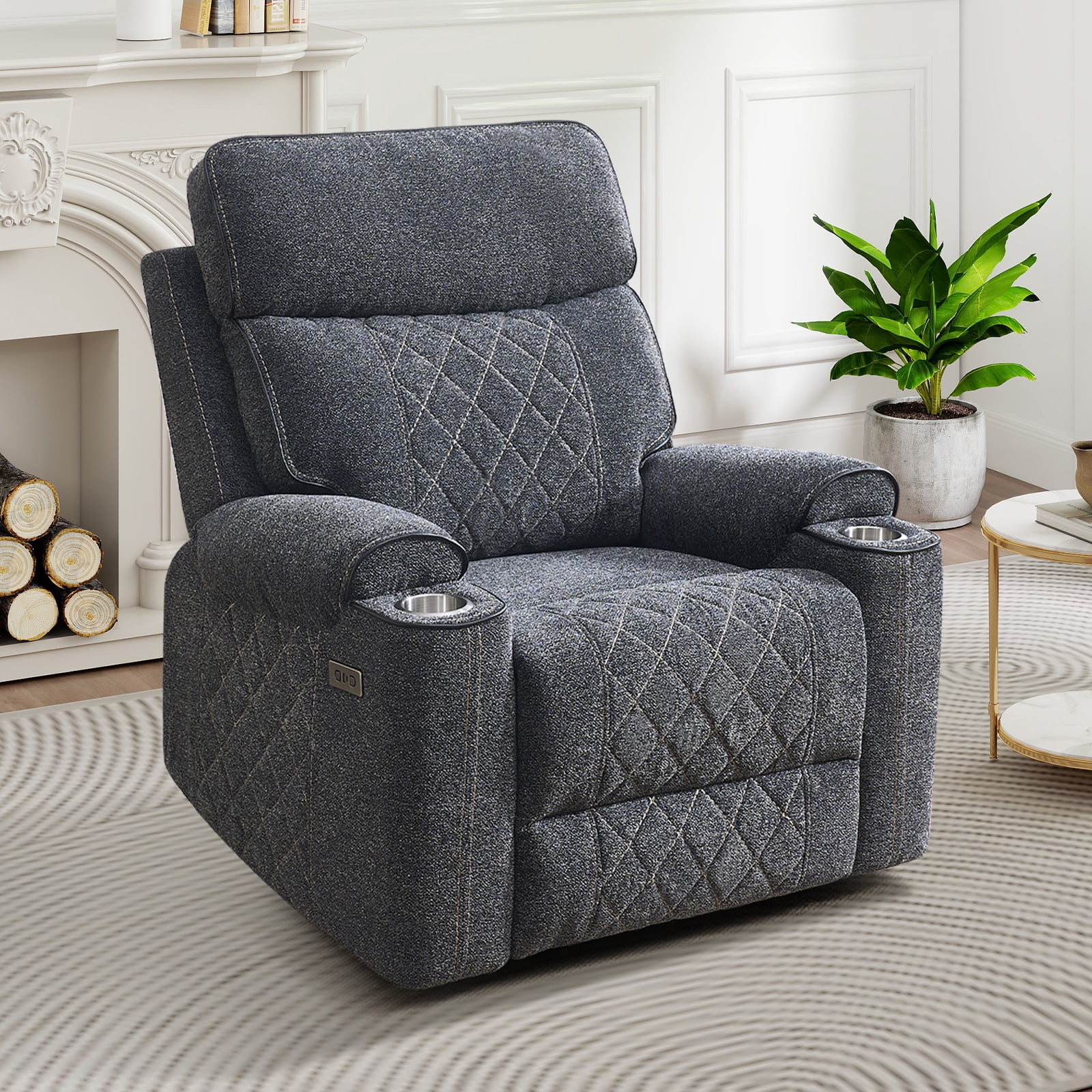 Bonzy Home Power Recliner Chair — Electric Fabric Recliner with Cup Holders & USB-C Charging Ports, Diamond Grid Upholstery, Grey